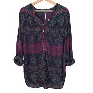 Plenty by Tracy Reese Womens MED Boho Popover Tunic Top Long Roll Tab Sleeves